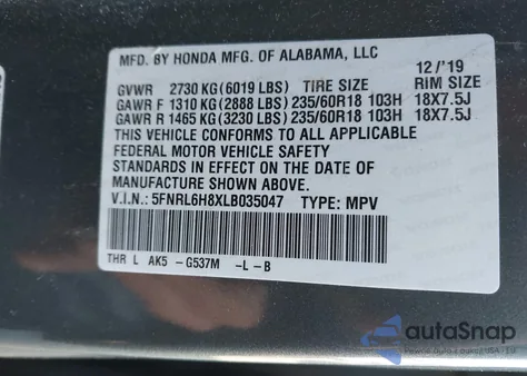 2020 Honda Odyssey Touring из США, поврежденный, VIN 5FNRL6H8XLB035047